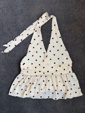 H&M Cream One-Shoulder Polka Dot Peplum Top
